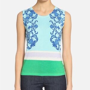 ESCADA Seltame fantasy Blue scroll Wool SLEEVELESS Shell Top sz XS
